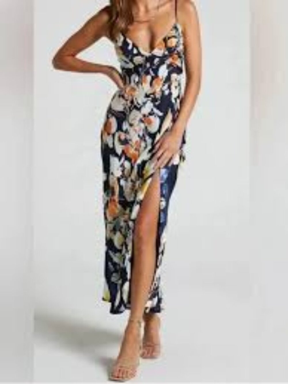 Showpo. midi strap dress Jarrah V-neck navy floral lined Australia size small